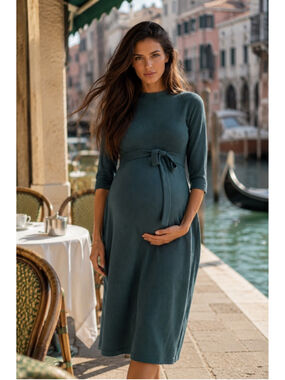 Angel Maternity Teal Ribbed Tie Waist Midi Dress Soft Quiet Luxury Pregnancy XL